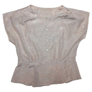 Vintage Elite Floral Peach Pink  Peplum Pleated Button Down Top Woman 14 Barbie